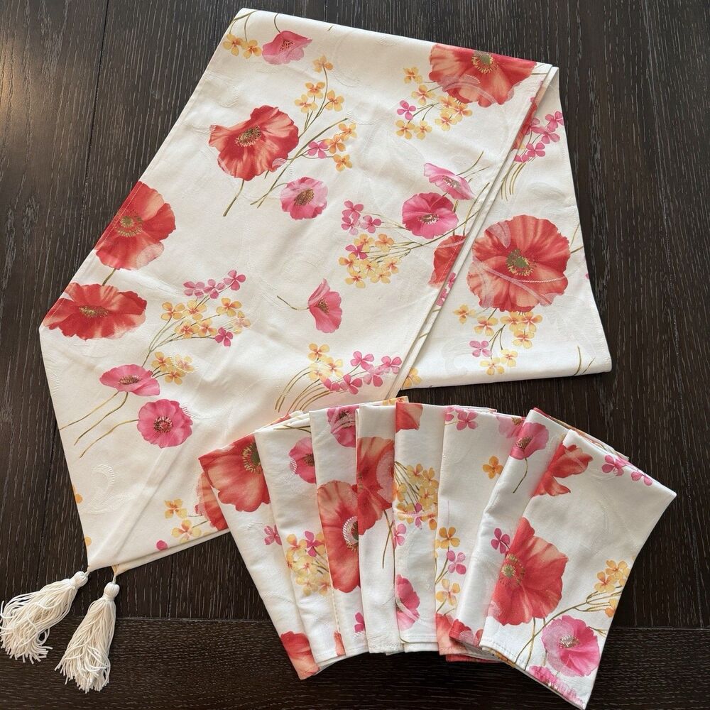 Table Runner & 8 Napkin Set Floral White Red Pink & Yellow Liz Claiborne Spring